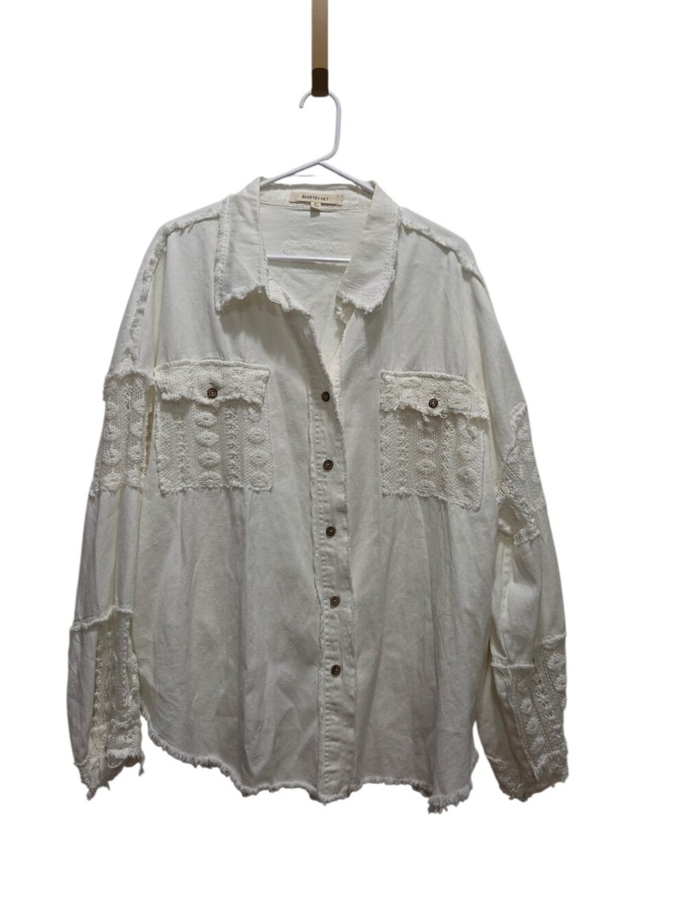 White Cotton Crochet Lace Button Down Shirt XL Oversized Boho Shacket Lagenlook